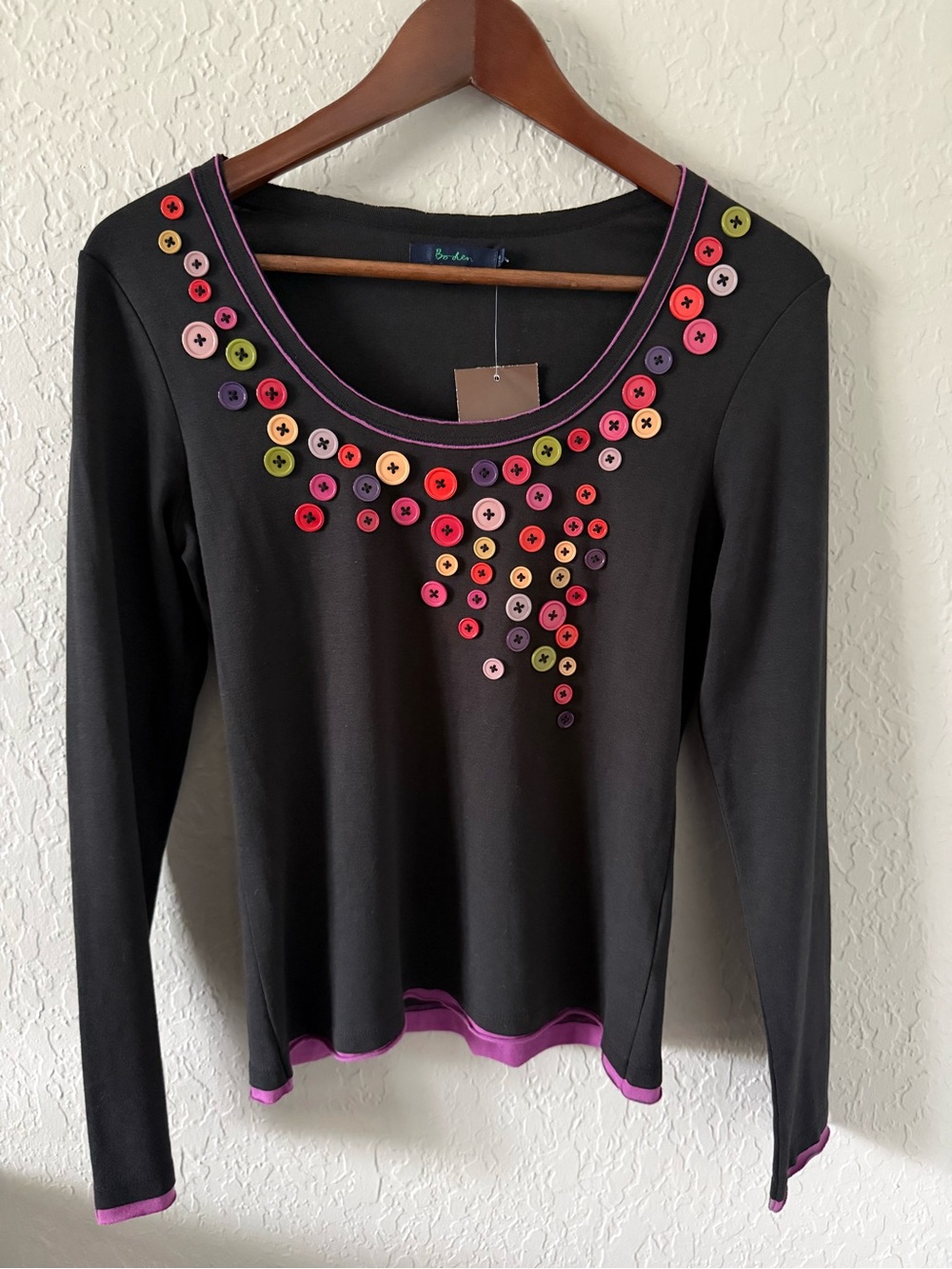 Boden Black Long-Sleeve Scoop Neck Top with Multi-Color Button Detail